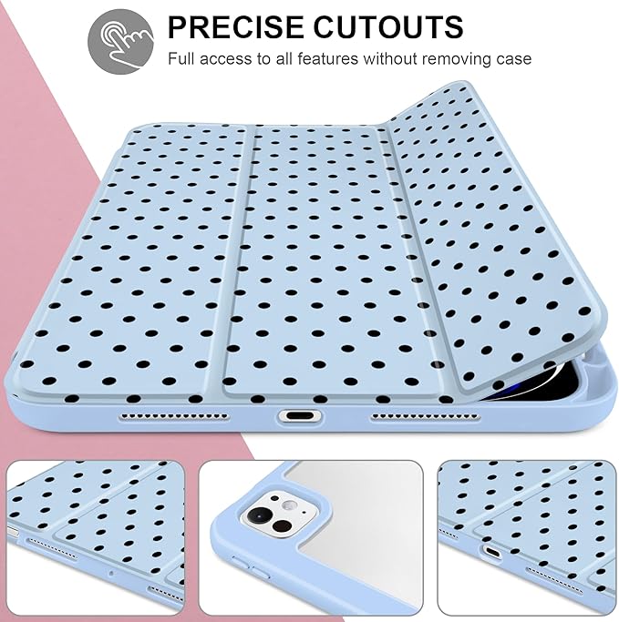 Case for iPad Pro 11 Inch (M5 2025 M4 2024) – [Built-in Pencil Holder] Shockproof &amp Stylish Clear Hard Back + Soft TPU Edge Magnetic Trifold Stand Auto Wake/Sleep Blue Polka dot