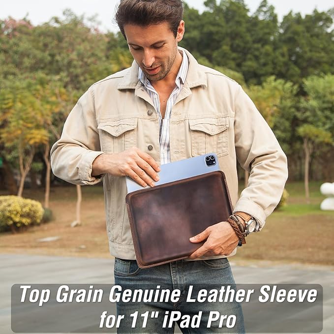 Top Grain Leather 11 Sleeve Slim Protector Case for Tablet Solid Vintage Design Fully Handmade Compatible with 10.5/10.9/11 iPad Pro/Air 10.2 iPad 7th/8th/9th Gen Coffee 11 Inch
