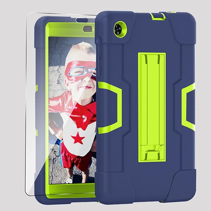 Case for for Alcatel Joy Tab 2 Tablet 8-inch 2020 Release (Model: 9032Z) - [Built-in Kickstand] Shockproof Silicone Protective Cover with Screen Protector (Navy Blue/Green/1PC)