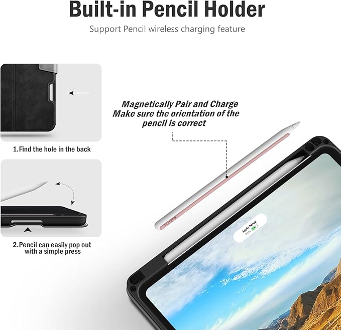Antbox for iPad Pro 11 Inch Case M5 2025/M4 2024 Built-in Pencil Holder Fully Supports Pencil Pro/USB-C Auto Sleep/Wake Function Vegan Leather (Black)