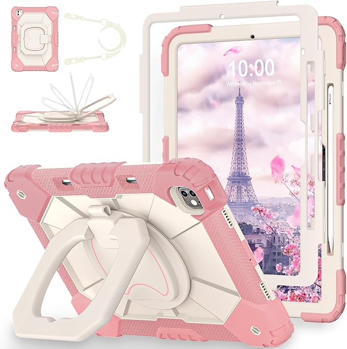 WESOROL for iPad Pro 13 Inch Case M5 2025/M4 2024 (7th Gen) with Screen Protector/360° Rotating Stand/Pencil Holder/Shoulder StrapMilitary Grade Shockproof iPad Case 13 Inch iPad Pro M5/M4Rose Gold
