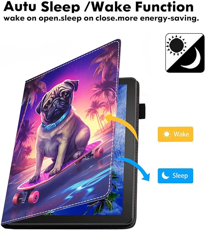 Case for Amazon Fire HD 10/HD 10 Plus Tablet 10.1 (13th/11th Generation 2023/2021 Release) Slim PU Leather Cover with Card Slot &amp Auto Wake/Sleep Pug Playing Scooter