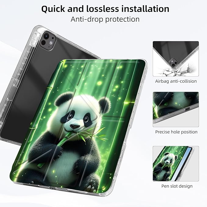 for iPad Pro 11 2024 Case with Pencil Holder Foldable Y-Shaped Protective Cover Stylish Clear Multi-Angle Viewing &amp Auto Sleep/Wake Panda in Bamboo Forest Tablet Case