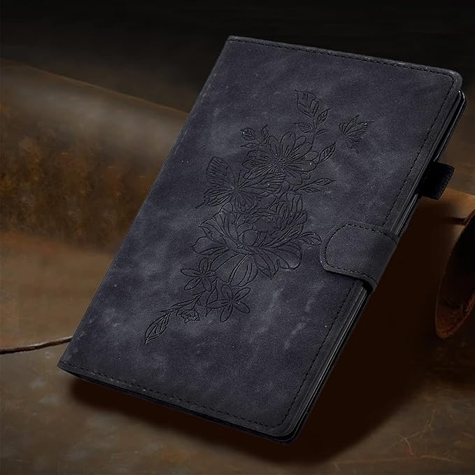 Folio Case for Amazon Kindle Fire HD 8/Fire HD 8 Plus (12th/10th Generation 2024/2022/2020) 8 with Stand/Pencil Holder [Auto Sleep/Wake] Embossed PU Leather Smart Cover Black Butterfly Flower