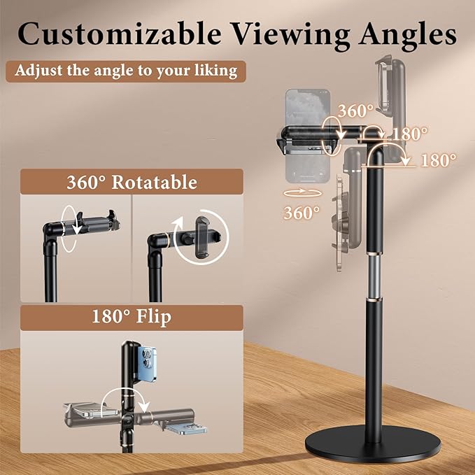 Height/Angle Adjustable Phone Holder 10-25 Retractable Tall Phone Stand for Desk720°Rotatable+180flip Phone Holder Stand for Video Calls Kitchen Table Office Etc -Clip Type