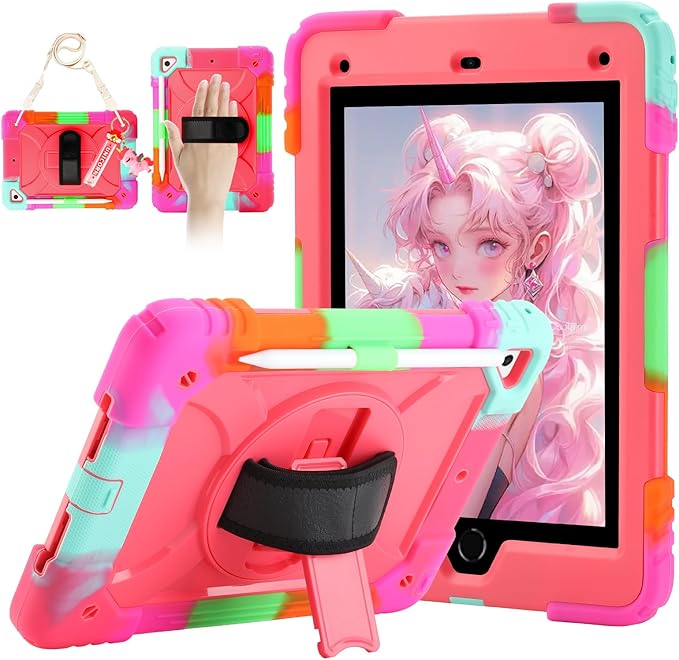 for iPad 6th Generation/iPad 5th Gen/iPad Air 2/iPad Pro 9.7 Case with Cute Key Chain Rugged Protective Case with Rotating Stand &amp Shoulder Hand Strap for iPad 6th/5th/ Air 2 (Rainbow Rose)