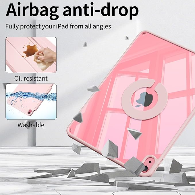 Clear Case for iPad A16 11th Generation 11 inch for iPad 10th Generation 10.9 inch with Clasp Detachable Magnetic Rotating Trifold Cover Transparent Hard PC Back Auto Wake/Sleep Pink