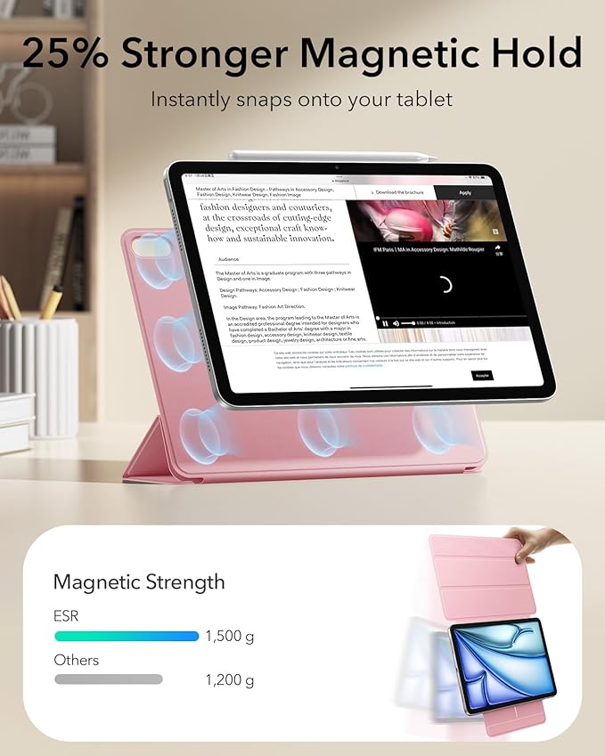 ESR for iPad Air 11 Inch Case M4/M3/M2 (2026/2025/2024) iPad Air 5th/4th Gen (2022/2020) Powerful Magnetic Attachment Slim Trifold Stand Case Auto Wake/Sleep Durable Protection Pink