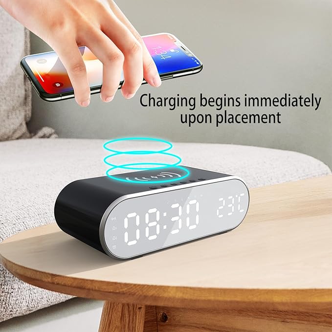 15W Fast Wireless Charging Pad Compatible with Qi-Enabled Phones 5W/7.5W/10W Standard Charging Modes Temperature Display &amp Alarm Clock for Bedside Desk W628 Black.