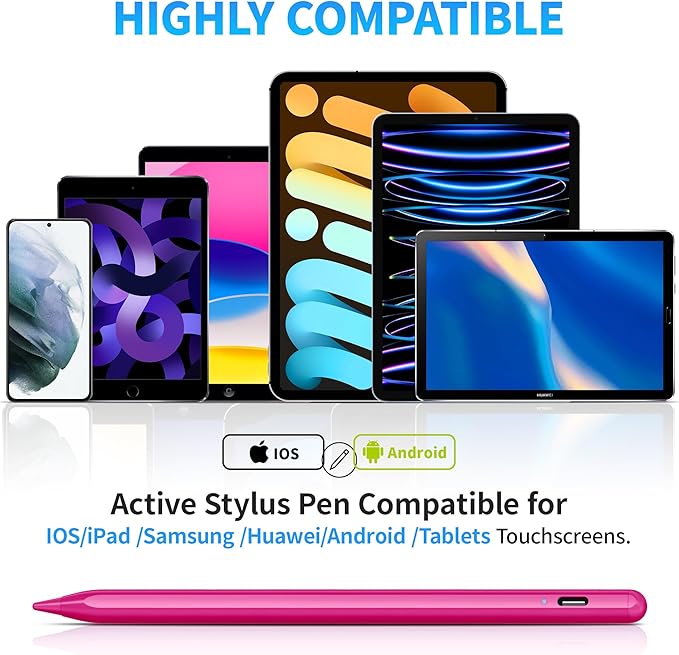 DRYMOKINI Stylus Pen Active Stylus Pen Touch Screens Compatible for Android and iOS Tablet/Phones Rechargeable Universal Stylus Pencil Compatible for A-pple/i-Pad/Phone Tablet BabyPink