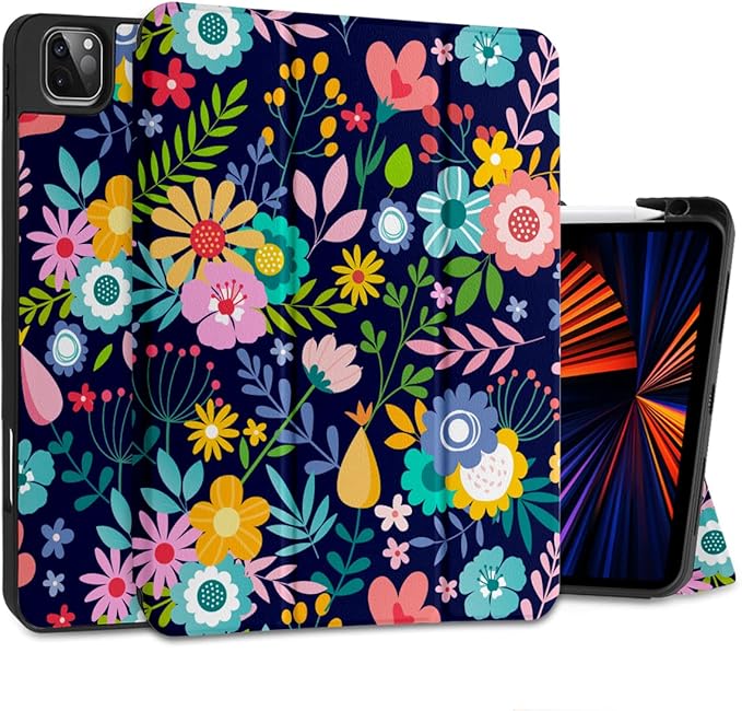 DONGKE Case for iPad Pro 11 inch (4th 3rd 2nd &amp 1st Gen) 2022 2021 2020 2018 Trifold Stand + Pencil Holder + Auto Wake/Sleep + Soft TPU Protective Stand Back Cover Florals
