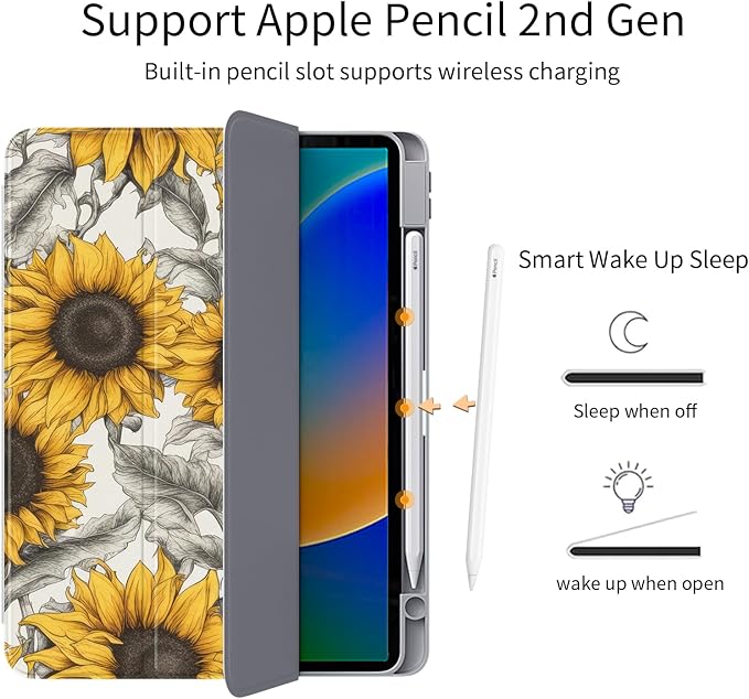 Cute Sunflower for iPad 10th Generation Case 10.9 Inch 2022 with Pencil Holder Foldable Leather Cover Case Support Auto Sleep Wake