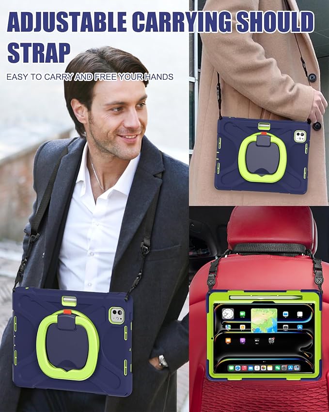 BRAECN for iPad Pro 11 Inch Case (M5/M4) 2025/2024 Shockproof Silicone Cover with Built-in Screen Protector Multiple Adjustable Viewing Angles Shoulder Strap Handle Grip Pencil Holder Navy Green