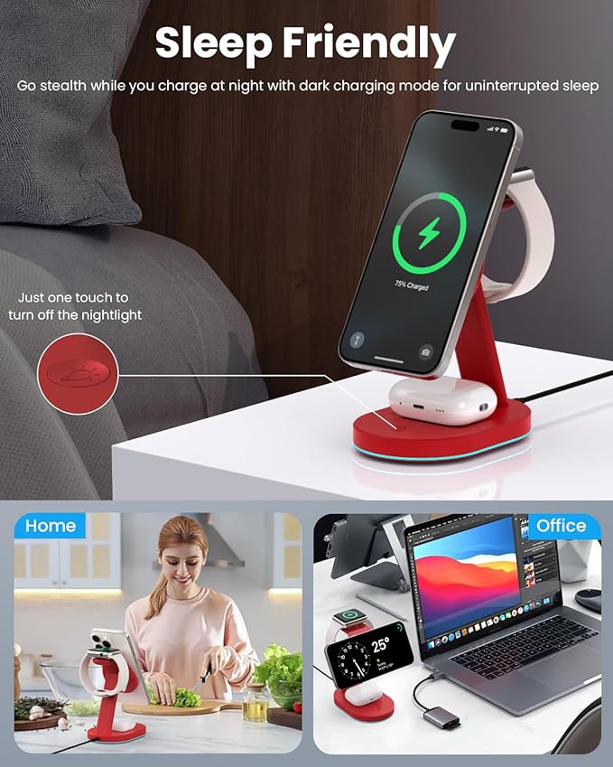 3 in 1 Wireless Charger Charging Station for iPhoneQi2 Certified 15W Magnetic Charging Stand for Mag-Safe with 30W USB C Adapter&ampFriendly Night Light for iPhone 16/15/14/13/12Apple WatchAirPods