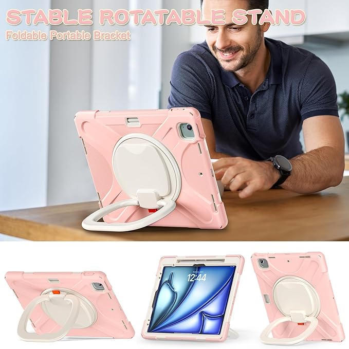 Batianda Case for iPad Air 13 inch 2025 M3 2024 M2 Chip Heavy Duty Rugged Durability Silicone Tablet Cover with 360° Rotating Ring Foldable Kickstand &amp Shoulder Strap Pink