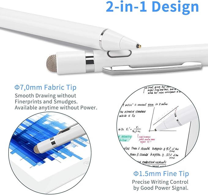 2-in-1 Active Stylus Digital Pen with 1.5mm Ultra Fine Tip for iPad iPhone Samsung Tablets Work on Touchscreen Phones and TabletsGood at Drawing and Writing White