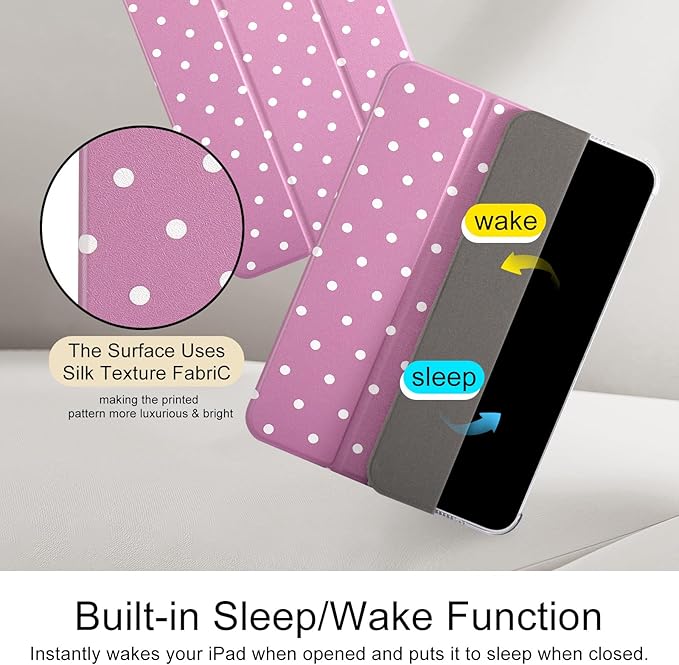 case for ipad 11th Generation11 Inch 2025 (A16 Chip) &amp 10th Gen 10.9 Inch 2022 - Slim Scratch-Resistant Hard PC Translucent Back Shell Smart Cover Wake/Sleep FunctionPink with White Polka dot