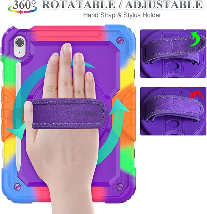 SEYMAC stock Case for iPad (A16) 11th/10th Generation 11''/10.9'' 2025/2022 Full-Body Drop Protection Case with Screen Protector &amp360° Rotate Hand Strap/Stand Purple+Colorful