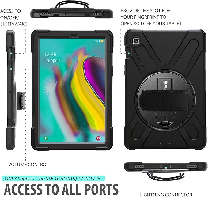 BRAECN for Samsung Galaxy Tab S5e Case 10.5 inch 2019 Heavy Duty Shockproof Case with 360 Rotating Kickstand/Hand Strap&ampShoulder Strap for Galaxy Tab S5e 10.5‘’ Tablet SM-T720/SM-T725-Black
