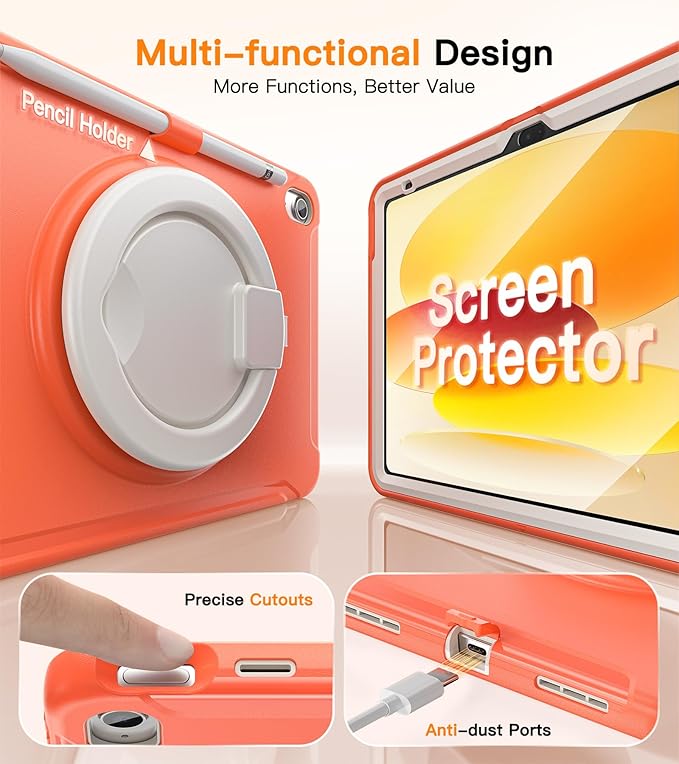BATYUE Shockproof Case for iPad 10th Gen 10.9 2022 / 11th Gen (A16) 11 2025 | 360° Multi-Angle Stand (Portrait &amp Landscape) &amp Grip Built-in Screen Protector Pencil Holder Coral Orange