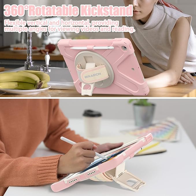 BRAECNstock Kids Case for Apple iPad 9th/ 8th/ 7th Generation 10.2 2021/2020/2019 Shockproof Protective iPad 10.2 inch Case with Screen Protector Pen Holder Rotating Stand &amp Hand Strap Sakura