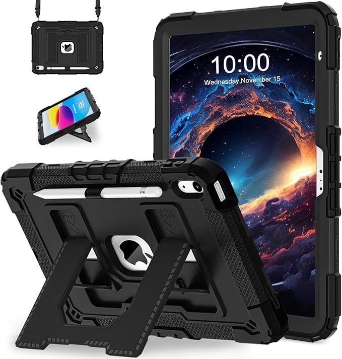WESOROL Case for iPad A16 11th Generation 11 Inch (2025) iPad 10th Generation 10.9 Inch (2022)i Pad A16 Case Military Grade Shockproof Cases with Pencil Holder Shoulder StrapBlack
