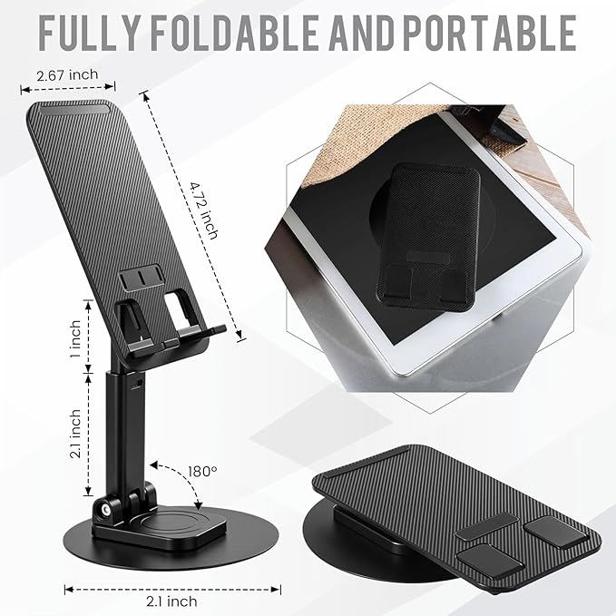 Geelin 50 Pieces 360 Black Rotating Phone Stand Desktop Fully Adjustable Foldable Phone Holder with Anti-Slip Pad Lightweight Aluminum Base Tablet Stand for All Phones