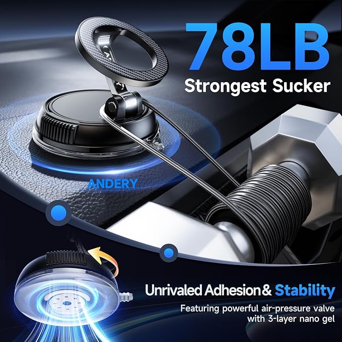 ANDERY Car Phone Holder for Magsafe [78+LBS Strongest Suction &amp 2400gf Magnetic] 360° Adjustable Car Phone Mount Phone Holders for Your Car for iPhone 17-12 Pro Max Plus Air Carbon Fiber