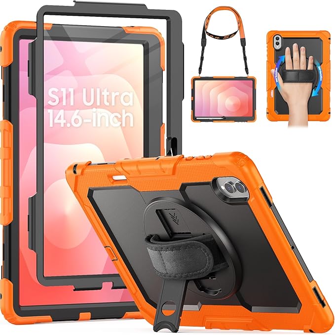 HXCASEAC Case for Samsung Galaxy Tab S11 Ultra 14.6 Inch 2025 Heavy Duty Shockproof with Screen Protector/Hand Strap/S Pen Holder for Samsung Galaxy S11 Ultra Tablet Case SM-X930 SM-X936B Orange