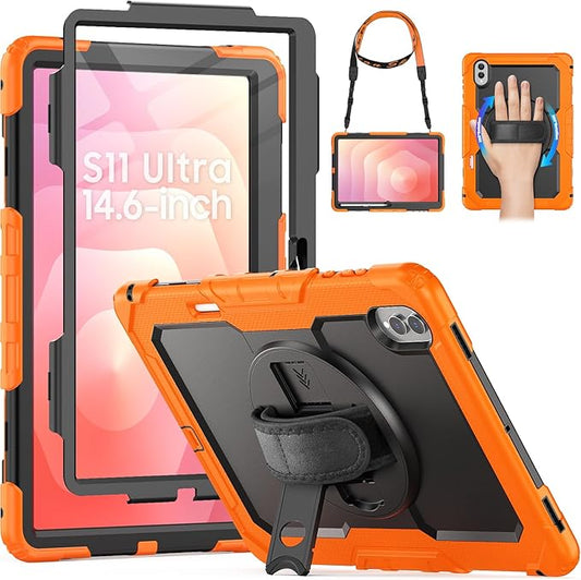 HXCASEAC Case for Samsung Galaxy Tab S11 Ultra 14.6 Inch 2025 Heavy Duty Shockproof with Screen Protector/Hand Strap/S Pen Holder for Samsung Galaxy S11 Ultra Tablet Case SM-X930 SM-X936B Orange