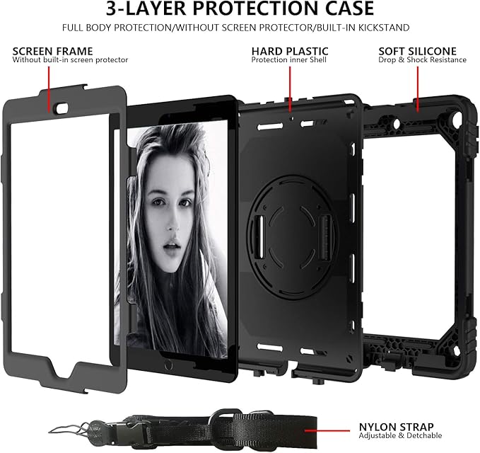 for iPad 9th/8th/7th Generation CaseiPad 10.2 Case 2021/2020/2019 with Cute Key Chain Rugged Protective Case with 360°Rotating Stand &amp Shoulder Hand Strap &amp Pen Slot for 10.2 Inch (Black)