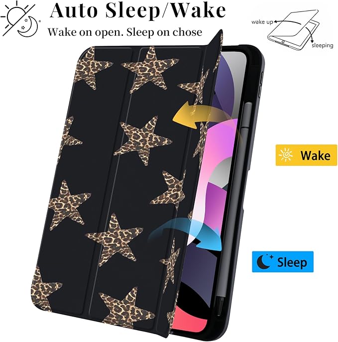 Y2k Printed Case for 12.9 iPad Pro 6th/5th/4th/3rd Gen (2022/2021/2020/2018) Leopard Print Star Clear Hard Back Hybrid Casewith Pencil Holder Trifold Stand Slim Cover for Women