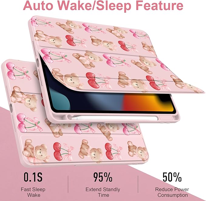 DONGKE for iPad 9th/8th/7th Generation Case 10.2 Inch (2021/2020/2019) [Auto Sleep/Wake &amp Pencil Holder] Clear Acrylic Back Trifold Stand Cover Bear &amp Cherry