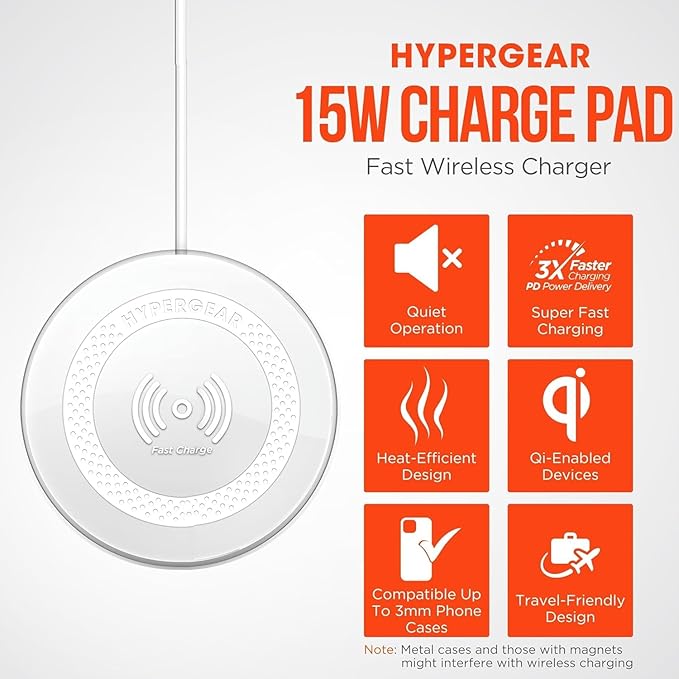 Fast Wireless Charger HyperGear Wireless Cell Phone Charging Pad w/LED Power Indicator [Charges on Contact] Universal Compatibility for iPhone 14/13/12/Pro Max/Pro Galaxy S23/S22 &amp More [White]1