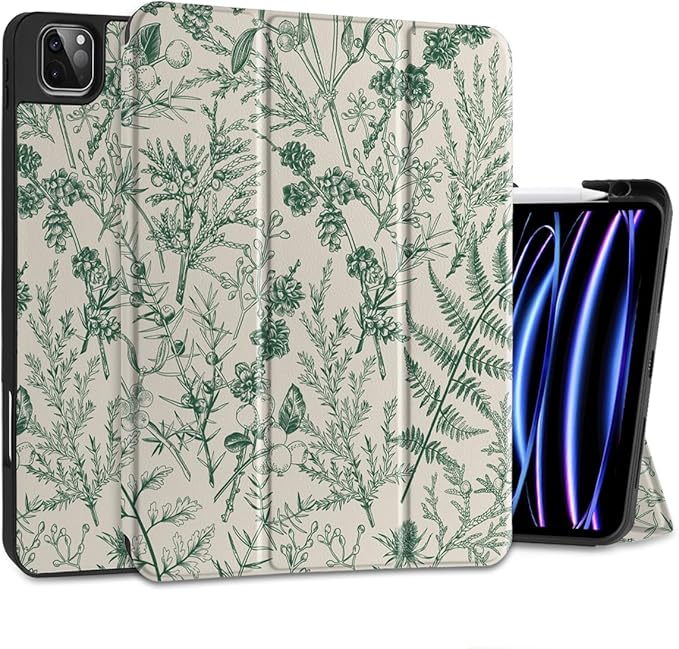 DONGKE Case for 2022/2021/2020/2018 iPad Pro 11 inch Gen 4/3/2/1 - Slim Protective Case - Built in Pencil Holder Support Charging - Trifold Stand &amp Sleep/Wake Cover- Plant &amp Berry