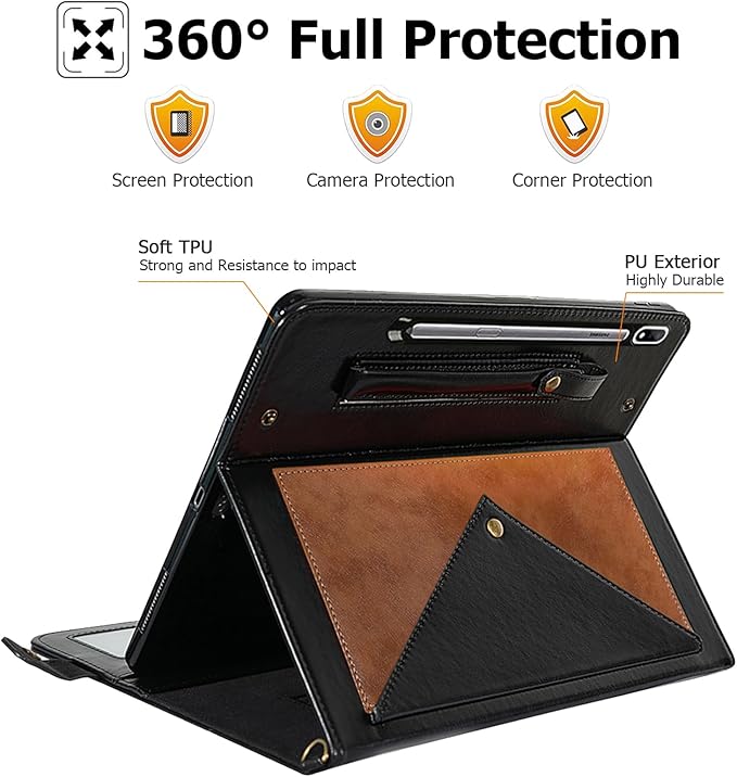 Dteck Case for Galaxy Tab S10 Plus/S9 FE Plus/S9+/S8+/S7 FE/S7+ 12.4Business PU Leather Fold Stand Protective Cover with S Pen Holder Shoulder Hand Strap Card Slots Bag Wallet CoverCoffee/Black