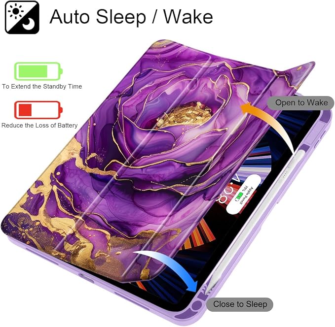 May Chen for iPad (A16) 11th Generation Case 11 Inch 2025 iPad 10th Gen Case 2022 10.9 inch Built-in Pencil Holder with Shockproof Cover Clear Transparent Back Shell Auto Wake/Sleep Purple Roses