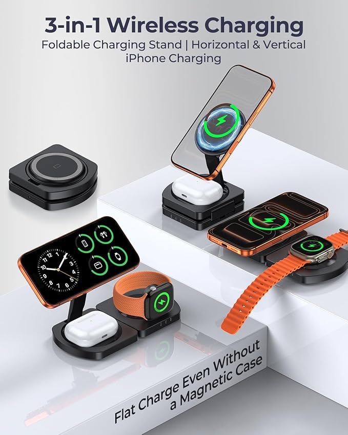 EGV Wireless Charger for iPhone 3-in-1 Magnetic Charging Station for Apple MagSafe Charger Stand for iPhone 17 Air 16 15 14 13 12 Series Airpods Pro Apple Watch Ultra Foldable No Adapter Black