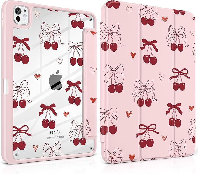 TWOLSKOO Case for iPad Pro 11-inch (M5 2025 / M4 2024) Clear Acrylic Back with TPU Bumper Pencil Holder Trifold Stand Auto Sleep/Wake Bows &amp Hearts