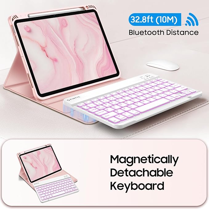Fintie Backlit Keyboard Case for iPad Air 11-inch M4/M3/M2 (2026/2025/2024) iPad Air 5th/4th Gen 10.9 Inch - Soft TPU Cover with 7 Color Backlight Detachable Bluetooth Keyboard Rose Gold