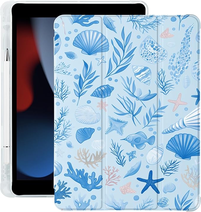 Cute Sea Shell Ocean for iPad 7th/8th/9th Generation Case with Pencil Holder Auto Sleep/Wake Blue Leather Soft TPU Back Cover for iPad 10.2 Inch 2019/2020/2021