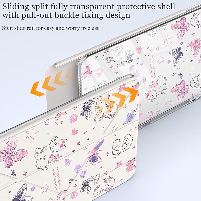Cute Kawaii Puppy Butterfly for iPad Pro 11 Inch Case (M5/M4) 2025/2024 with Pencil Holder Auto Sleep/Wake White Leather Acrylic Back Detachable Cover