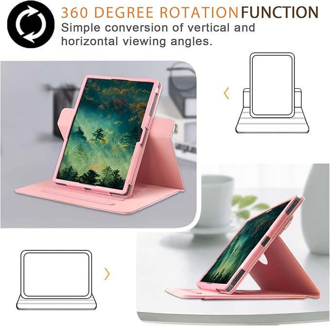 Case Compatible with Tablet Samsung Galaxy Tab S9 FE Plus S9 Plus S8 Plus S7 FE S7 Plus 12.4 InchCover 360° Rotating Stand PU Leather for Galaxy Tab S9 FE+ S9 + S8+ S7+ 12.4Pink