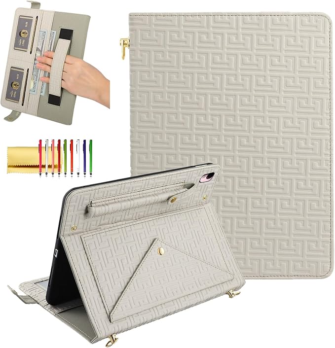 Dteck Handbag Case for iPad 9th/8th/7th Generation 2021/2020/2019 10.2 Inch with Pencil Holder Folio Stand PU Leather Crossbody Shoulder Hand Strap Card Pockets Magnetic Envelope Wallet CoverBeige