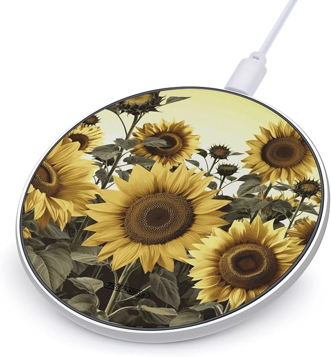 Yellow Sunflower Floral Wireless Charger Fast Wireless Charging Pad with USB Cable 10W Anti-Slip Magnetic Wireless Charger Portable Slim Charger Puck Travel Charging Station