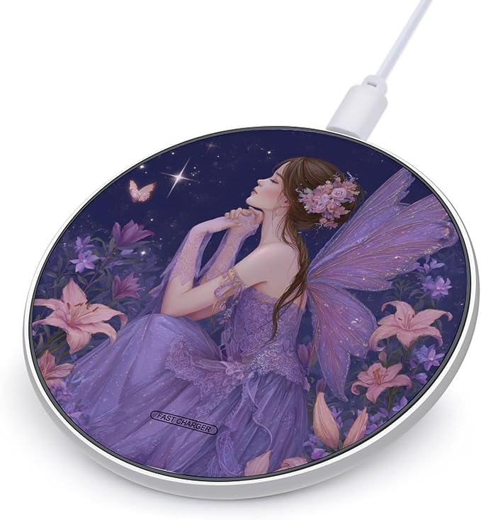 Purple Fairys Elf Lilies Fast Portable Charger 10W Funny Graphic Phone Charging Pad with USB Cable