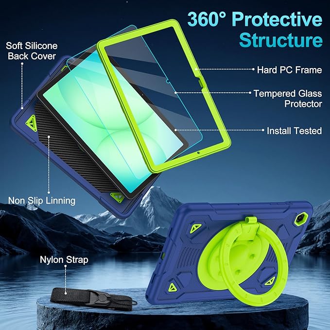 Case for Samsung Galaxy Tab A11+ Plus/ A9+ 11 inch 2025/2023 with Screen Protector 360°Rotating Stand &amp Shoulder Strap Pencil Holderfor Tab A11 Plus / A9 Plus Tablet Case Kids (Navy+Green)