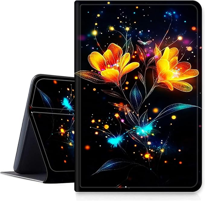 Case for Amazon Fire HD 8 Tablet (8th/7th/6th Generation 2018/2017/2016 Release) PU Leather Smart Protective Cover with Auto Sleep/Wake for Fire HD 8 2018/2017/2016Flowers with Glowing Fireflies