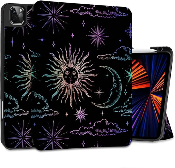 DONGKE Case for 2022/2021/2020/2018 iPad Pro 11 inch Gen 4/3/2/1 - Slim Protective Case - Built in Pencil Holder Support Charging - Trifold Stand &amp Sleep/Wake Cover - Sun &amp Moon