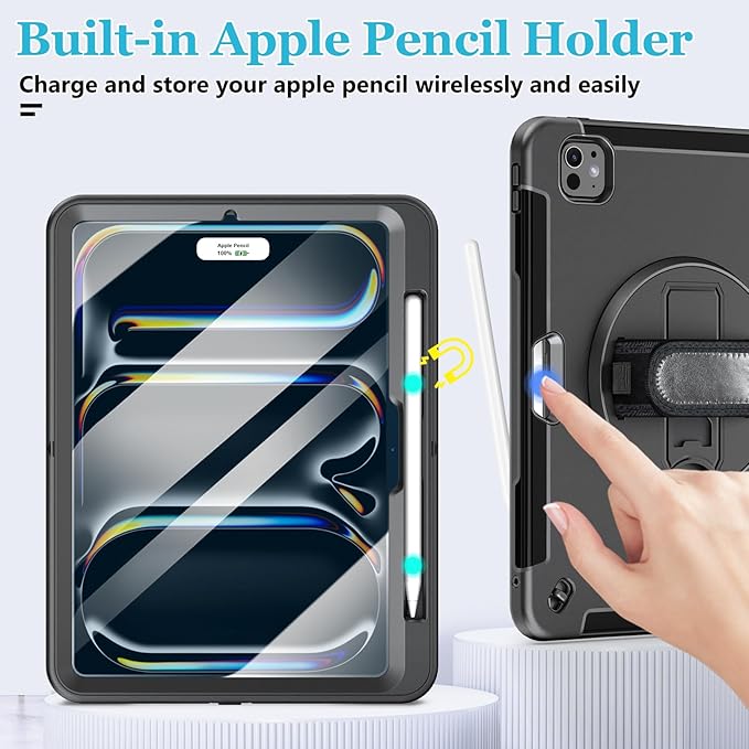 Case for iPad Pro 13 Inch M5 2025/ M4 2024: Military Grade Cover for iPad Pro 13 with Screen Protector - Stand - Handle - Shoulder Strap - Pencil Holder- Black